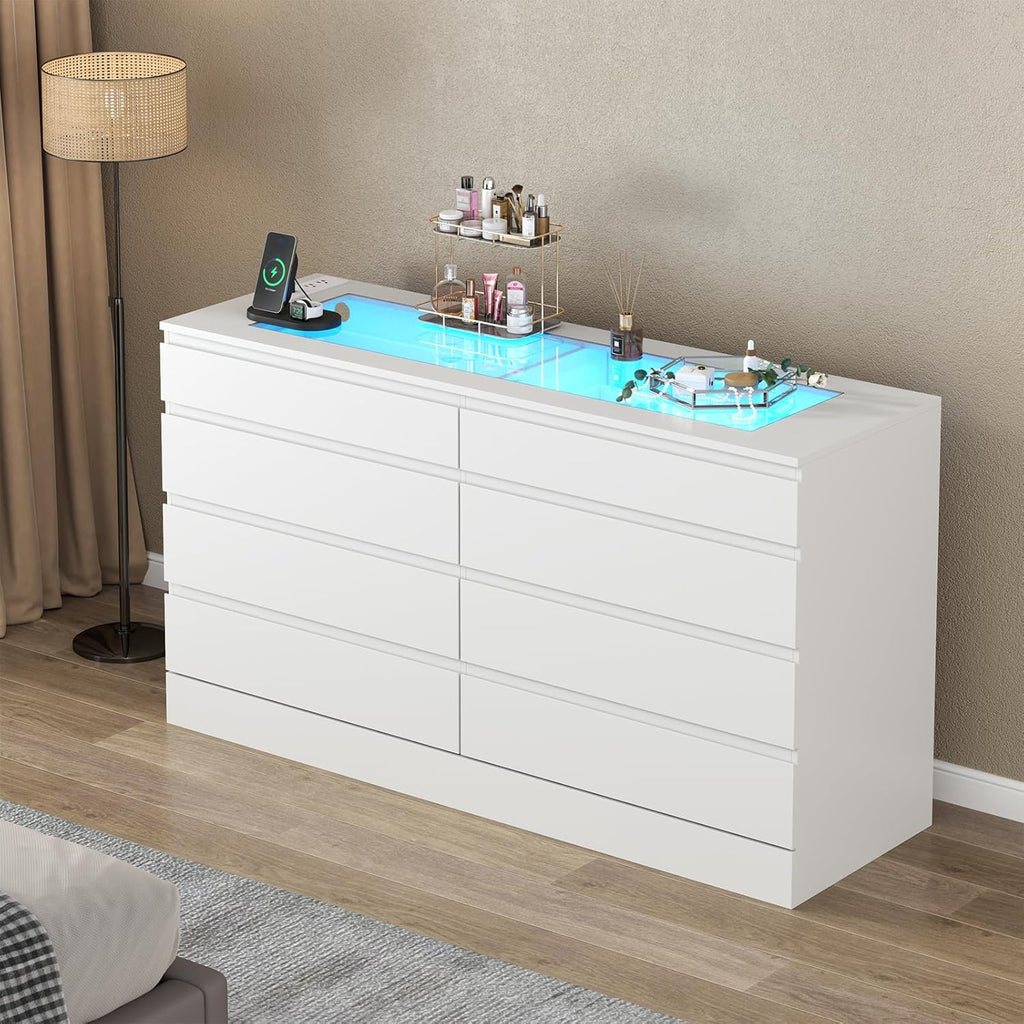 8 Drawer Dresser with Power Outlet, Modern Chest of Drawers with LED Light & Glass Top, Wood Double Dresser TV Stand with Organizer Storage for Bedroom, Living Room, Closet (White)