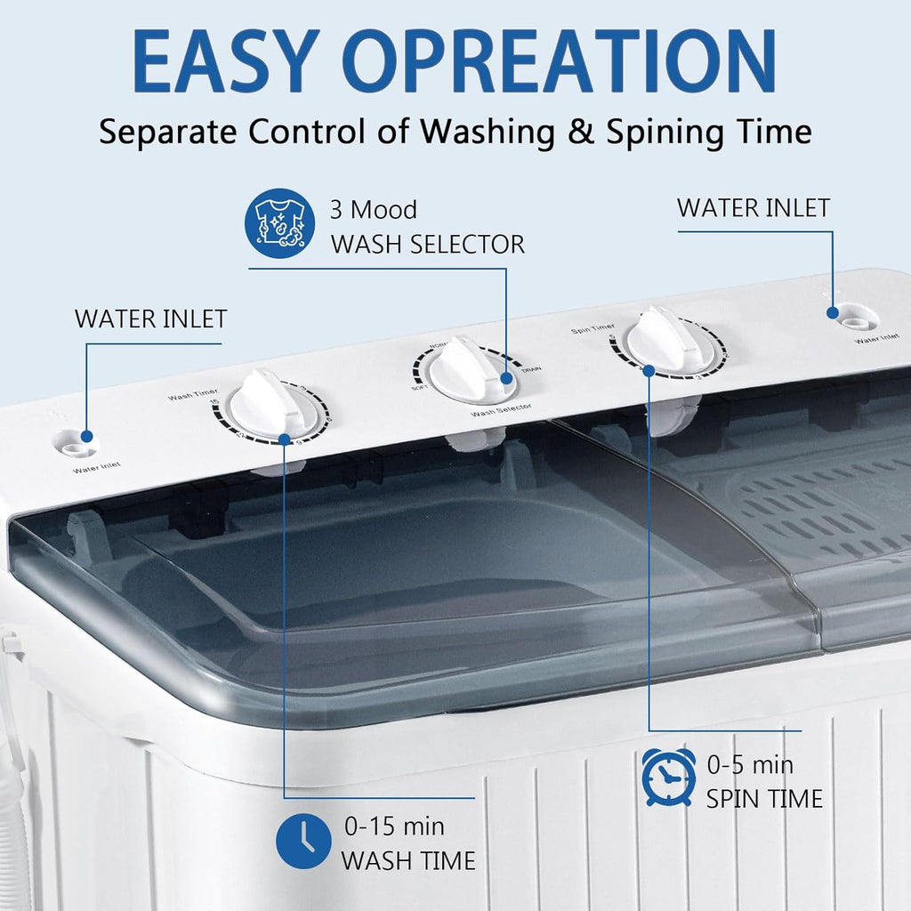 Sportpulse Portable Washing Machine with Time Control, Mini Twin Tub 32lbs Capacity Laundry, 20lbs Washer & 12lbs Spinner, ideal for Camping, Apartments, RV (Black, 32lbs)