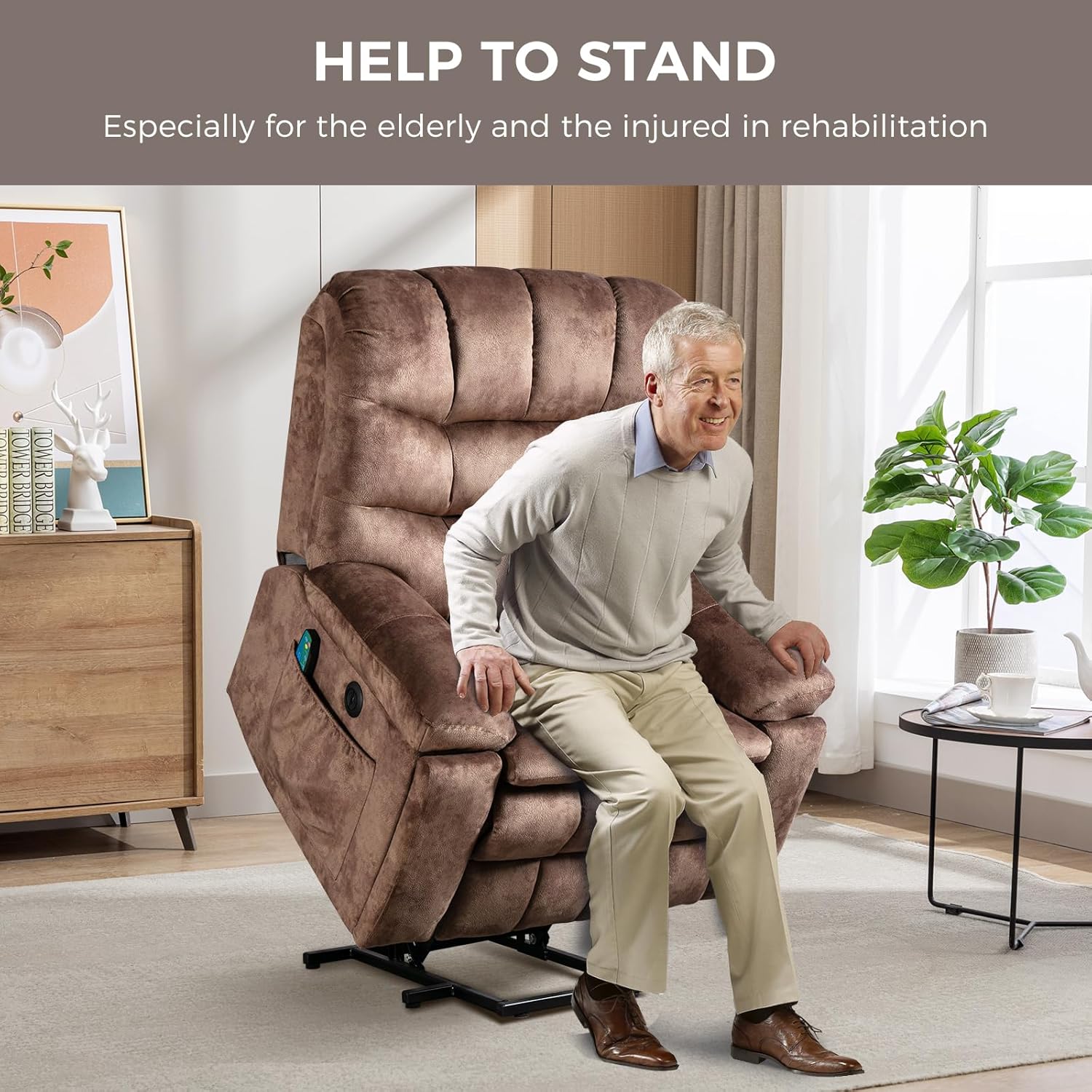 Large Power Lift Recliner with Massage and Heat for Elderly, Heavy Duty & Safety Motion Reclining Mechanism, Ergonomic Electric Wider Chair with USB Port, 2 Hidden Cup Holders (1, Brown)