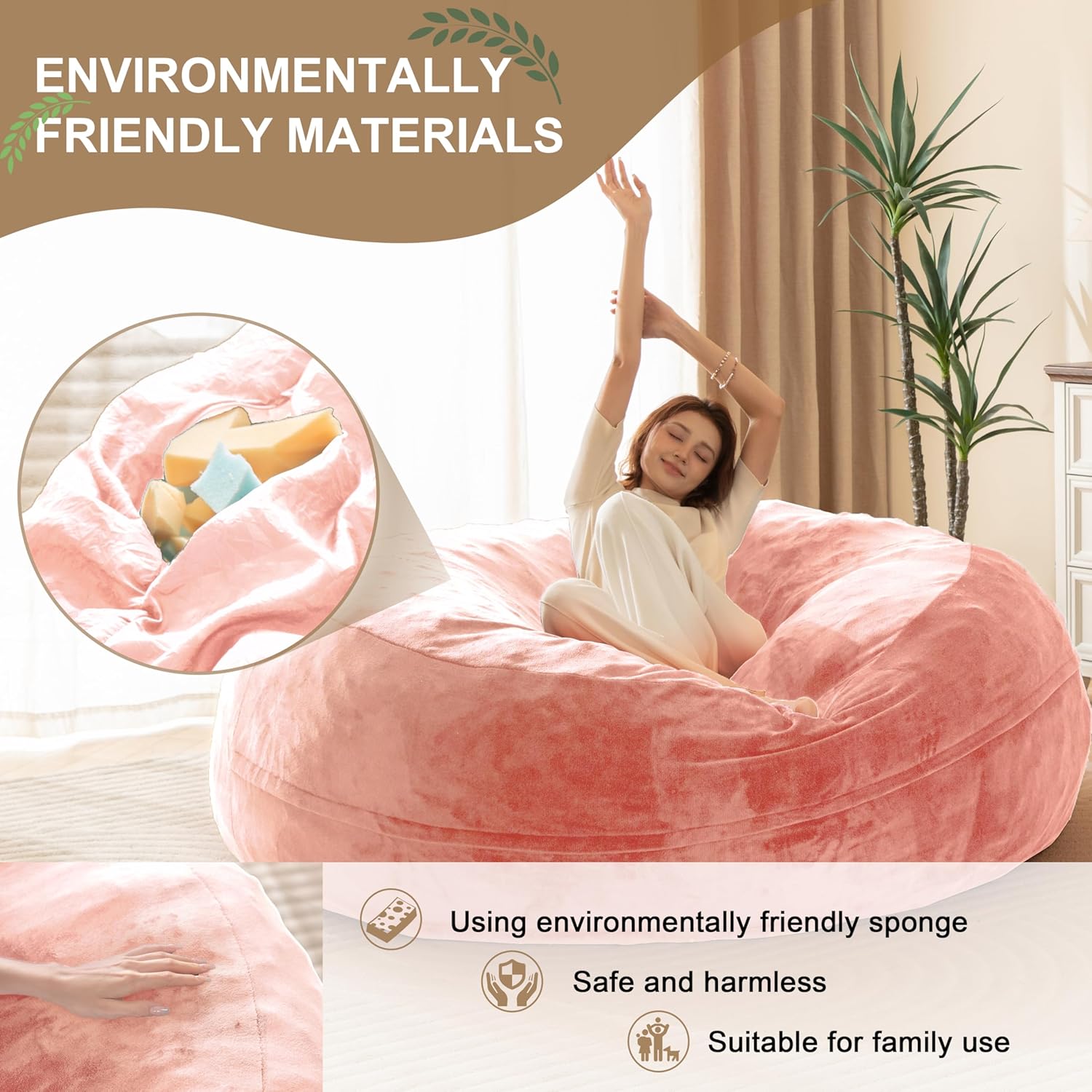 Bean Bag Chair for Adults, Floor Bean Bags Offers Ample Space for Adults,Memory Foam Giant Bean Bags,Lounger Versatile Design Suits Any Room,Movie Nights,Reading(Pink,6FT)