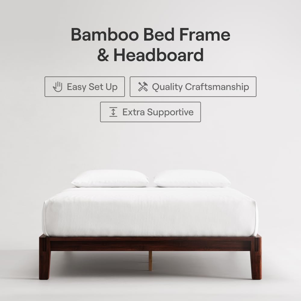 Nectar Bamboo Platform Bed Frame - Queen - Walnut - Floating Center Support Legs - 12” Height - Easy Tool Free Set Up - Contemporary and Durable - Sturdy Wooden Support Slats - Holds Up to 800 Pounds