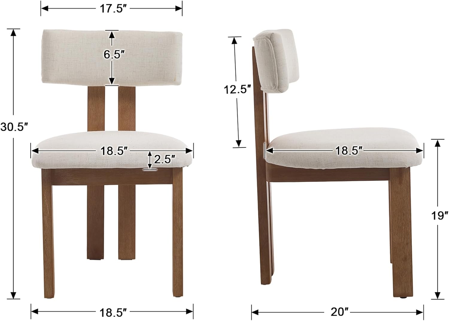 Kmax Farmhouse Dining Chair Set of 4, Linen Fabric Kitchen Chair Curved Back Armless Dining Room Chairs with Walnut Wood Legs for Family Diner, White