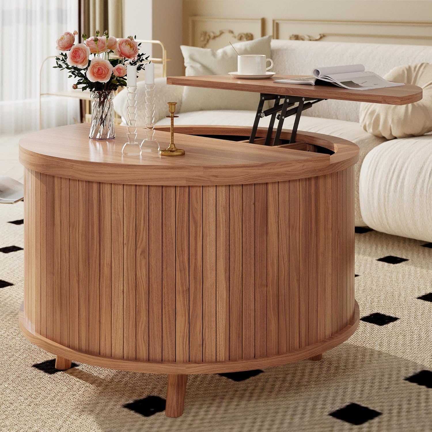Easyego Lift Top Coffee Table for Small Spaces, 31.5" Mid-Century Modern Wooden Round Table with Storage, Circle Fluted Center Table for Living Room, Work from Home & Apartment, Walnut