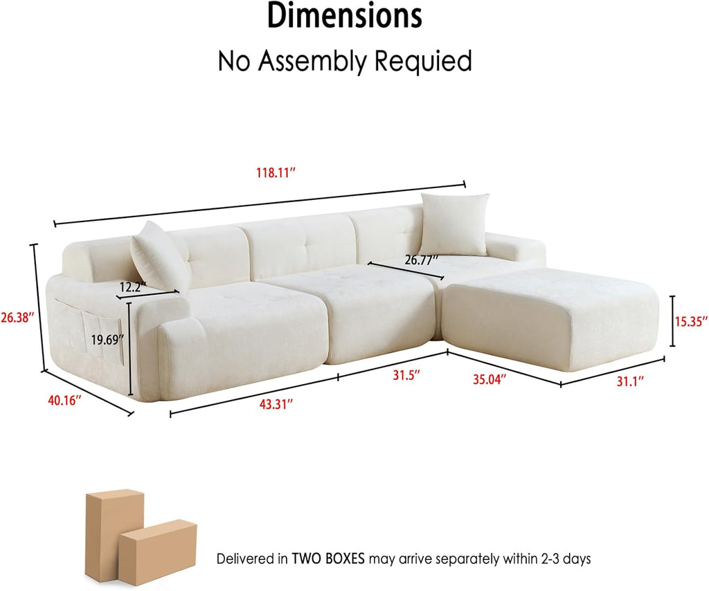 LIDYUK 118" Modern L-Shaped Boneless Couch Modular Sectional Sofa for Living Room, Chenille Upholstery Beige, Oversized 3-Seater Sectional Couch with Deep Seat and Movable Ottoman, No Assembly