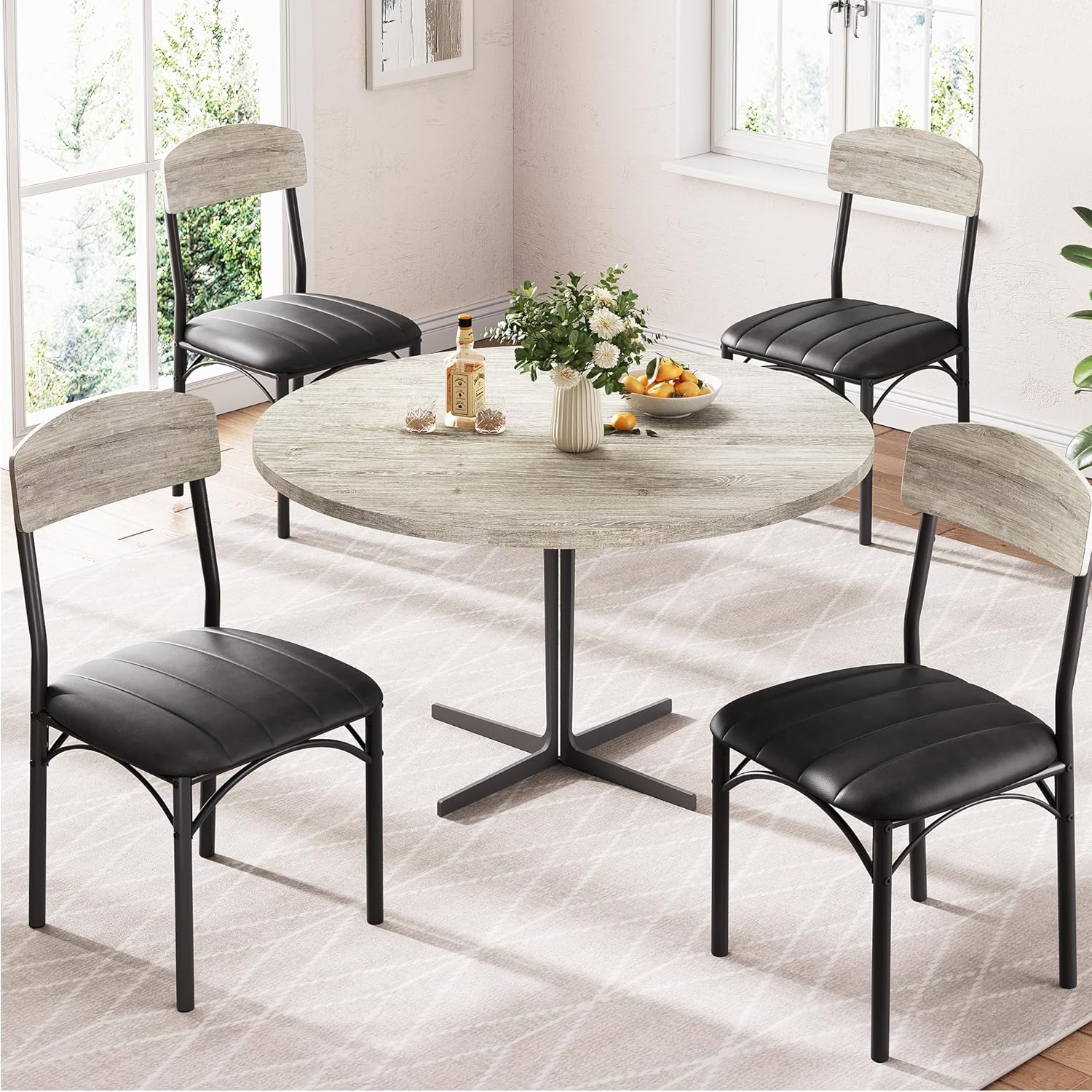 Jocoevol Dining Chairs Set of 4 - Upholstered Dining Room Chairs with PU Leather, Industrial Kitchen Chairs with Wooden Backrest and Thickened Metal Legs, for Dining Room, Living Room（Gray）