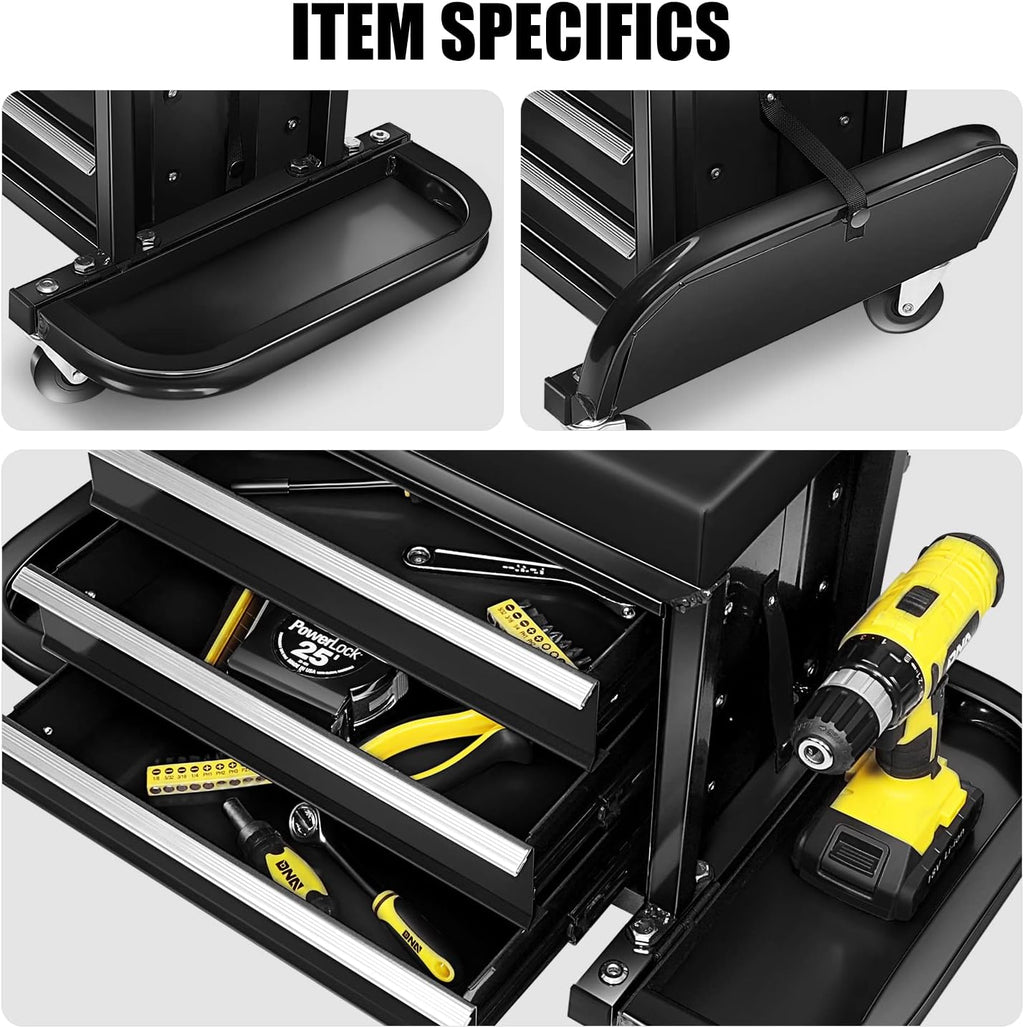 DNA Motoring 3-Drawer Mechanic Roller Seat, Rolling Creeper Garage/Shop Seat with Tool Trays, Rolling Tool Chest Stool with Tool Box, Padded Seat Cushion, 350lbs Capacity, Red, Black, TOOLS-00262