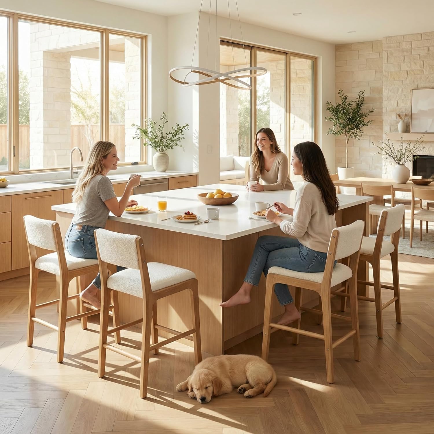 HNY 26.5'' Modern Counter Stools with Backs Counter Height Barstools Set of 2, White Sherpa Boucle Upholstered Bar Height Chairs with Wood Frame Wooden Island Stools for Kitchen Counter/Pub