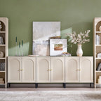 Modern TV Stands for 80 Inch TV, 92.63" W Wood Entertainment Center w/Adjustable Shelves, Mid Century Modern TV Stand w/Arched Fluted Doors, Media Console Cabinet for Living Room, Cream