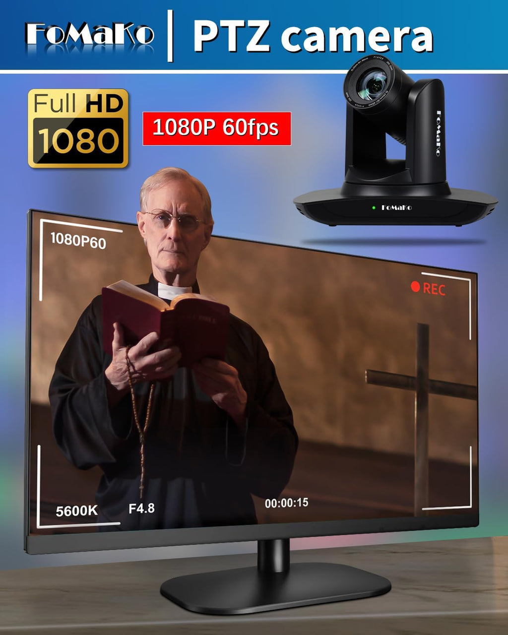 FoMaKo HDMI PTZ Camera, AI Auto-Tracking Gen 3, 20x Optical Zoom, IP USB3.0 HDMI,for Church Services Worship Education,Upgradable to an NDI Camera,FMK12UH Pro(20x)-B,Black Color
