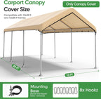 SIHAIAN 10 x 20 Ft Carport Replacement Canopy Cover(No Frame), Easy to Set up Carport Canopy, 500D Heavy-Duty Garage Top Tent Shelter Tarp Waterproof and UV Protected (Only Canopy Cover) Beige