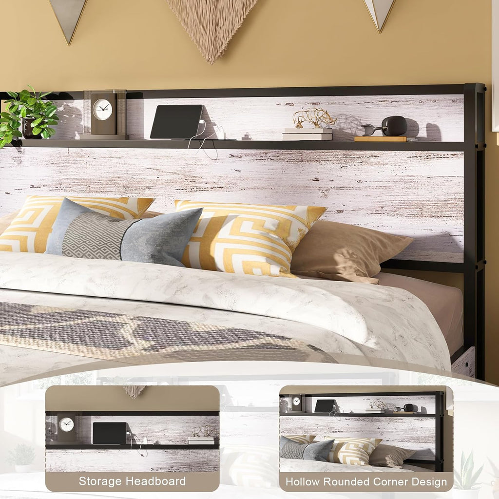 AMERLIFE Queen Size Lift Up Storage Bed Frame, Wooden Platform Bed Frame with Lifting Storage & Charging Station, No Spring Box Needed/Noise Free, White Birch