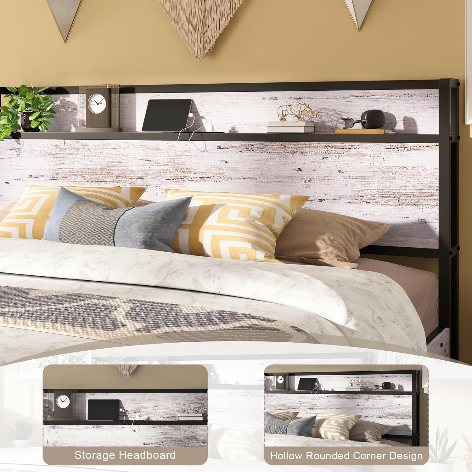 AMERLIFE Queen Size Lift Up Storage Bed Frame, Wooden Platform Bed Frame with Lifting Storage & Charging Station, No Spring Box Needed/Noise Free, White Birch