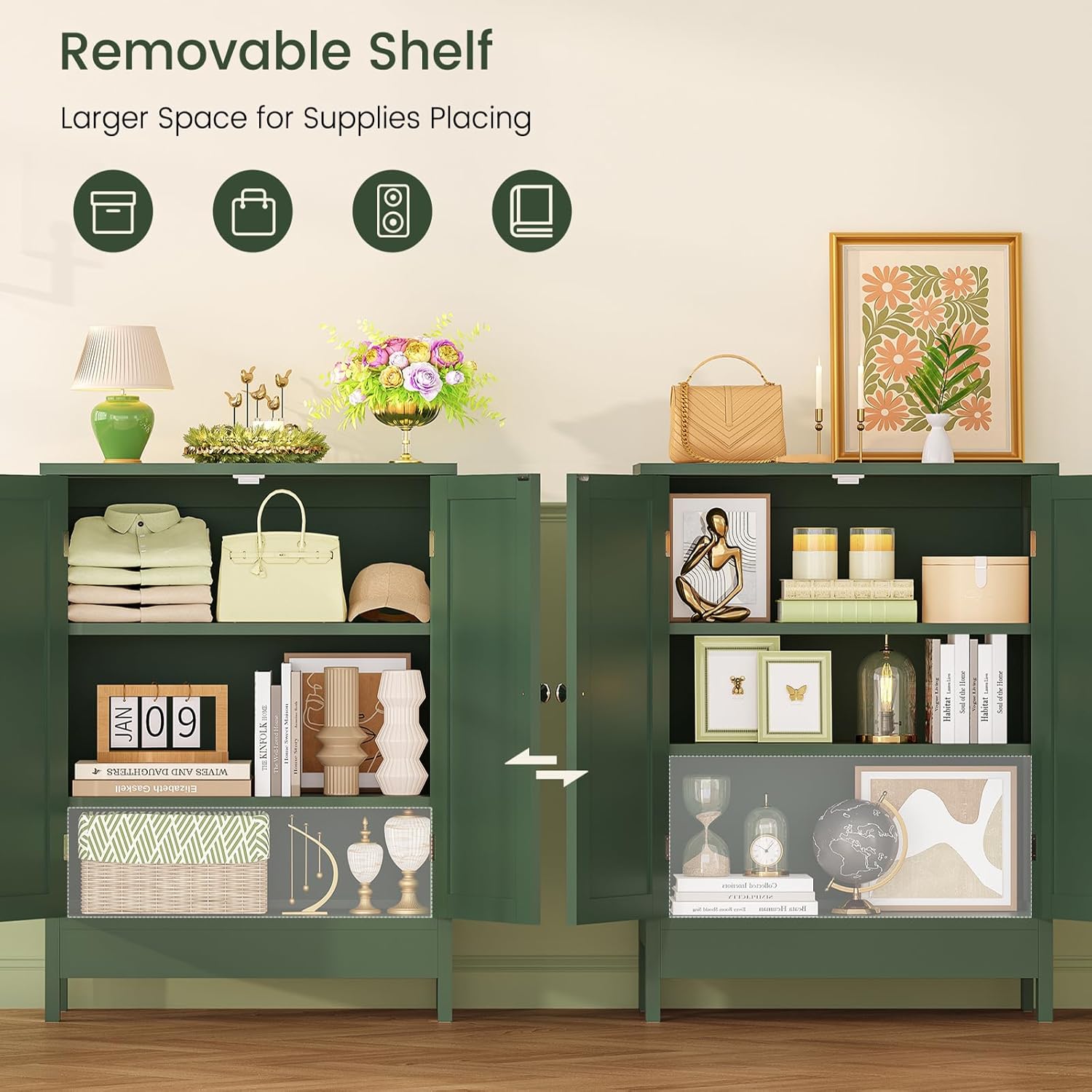 Iwell Bathroom Cabinet, Bathroom Storage Cabinet with 2 Doors & 3 Shelves, 3 Heights Available, for Living Room, Entryway, Home Office, Green