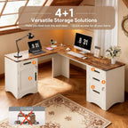L Shaped Farmhouse Executive Desk with Drawers, 67" Home Office Desks with Fast Charging Station, Lockable File Cabinet, Wood Writing Computer Desk for Work, Study, White