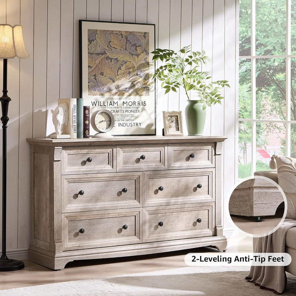 T4TREAM Farmhouse 7 Drawers Dresser for Bedroom, 54" Wide Wood Rustic Chest of Drawers w/Roman Column, Wooden Storage Dressers Organizer for Bedroom, Living Room, Light Rustic Oak
