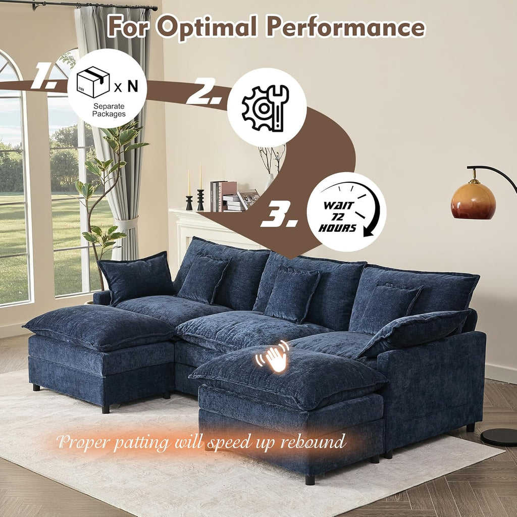 108" U Shaped Couch, Modular Sectional Sofa, 3-Seater Comfy Cloud Couch, Set of Modular Pieces with Movable Ottoman, Deep Seat Couches for Living Room, Chenille, Navy