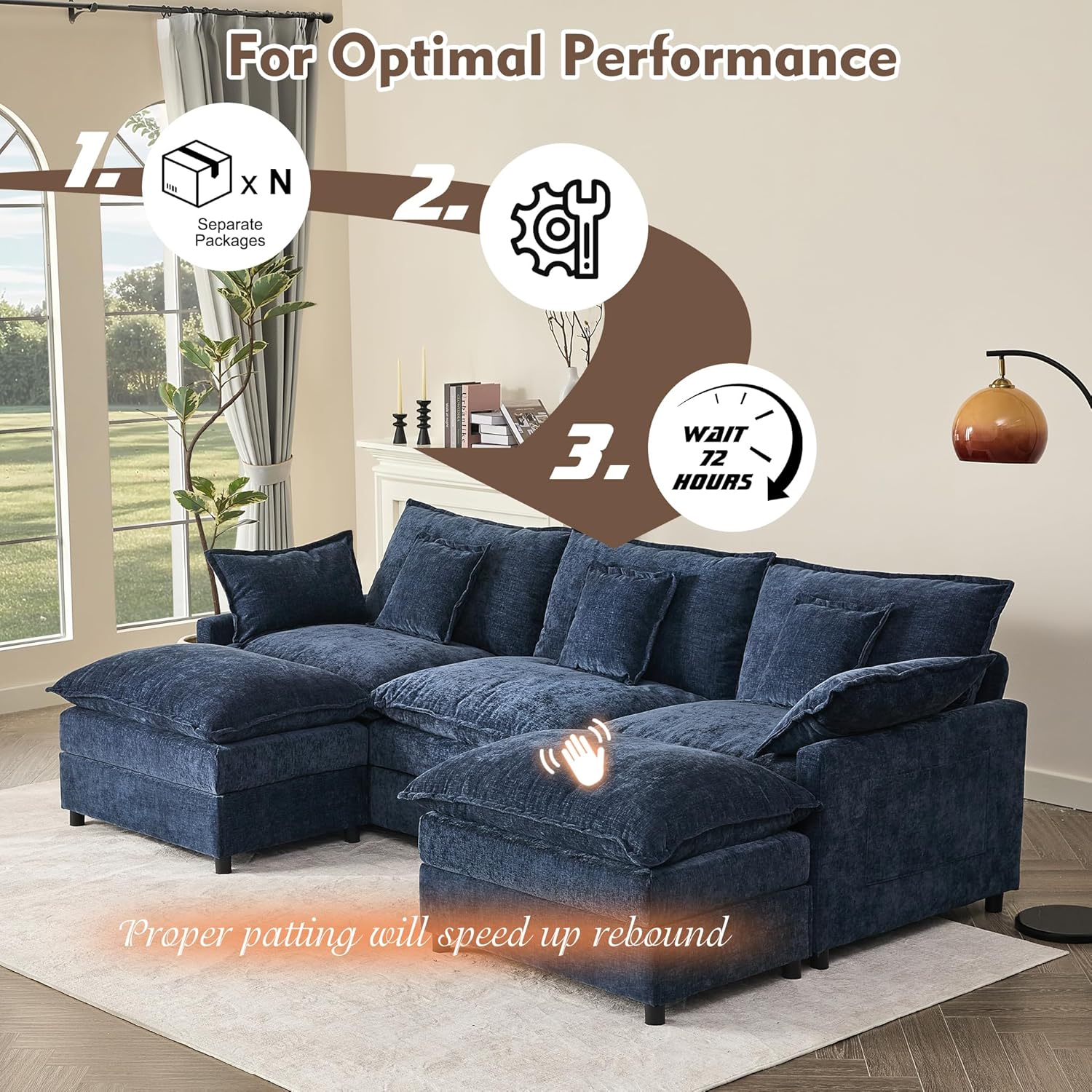 108" U Shaped Couch, Modular Sectional Sofa, 3-Seater Comfy Cloud Couch, Set of Modular Pieces with Movable Ottoman, Deep Seat Couches for Living Room, Chenille, Navy