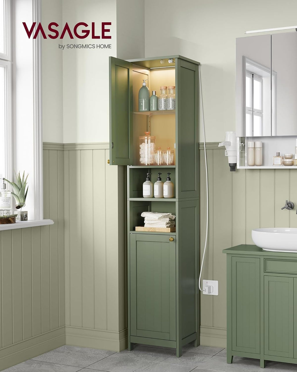 VASAGLE Tall Bathroom Cabinet with Lights, Slim Freestanding Bathroom Storage Cabinet with Adjustable Shelves, for Small Spaces, Modern, 15.7 Inches Wide, Forest Green UBBC766C01