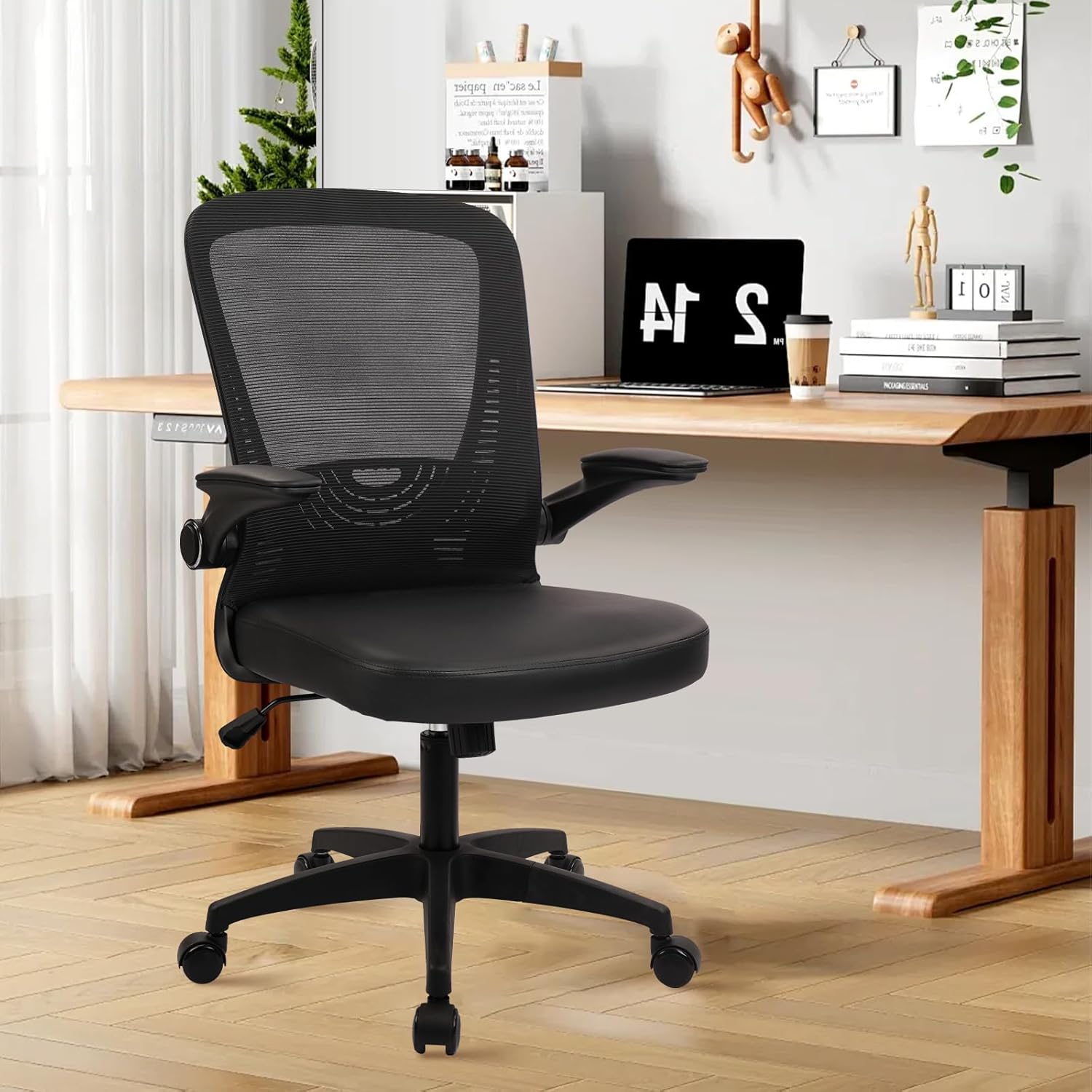 CLATINA Desk Chairs with PU Leather Seat, Flip Up Arms Ergonomic Mesh Back Office Chair with Lumbar Support, Adjustable Height Swivel Rolling Computer Chairs for Home Conference Meeting, Black, 4 Pack