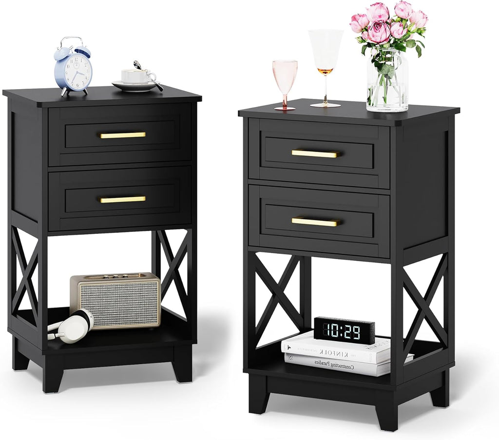 RoyalCraft 30'' Tall Nightstand Set of 2, Modern Painted Bedside Table with 2 Drawers and Open Shelf Below, Wood Side Table for Bedroom, Home Office, Black