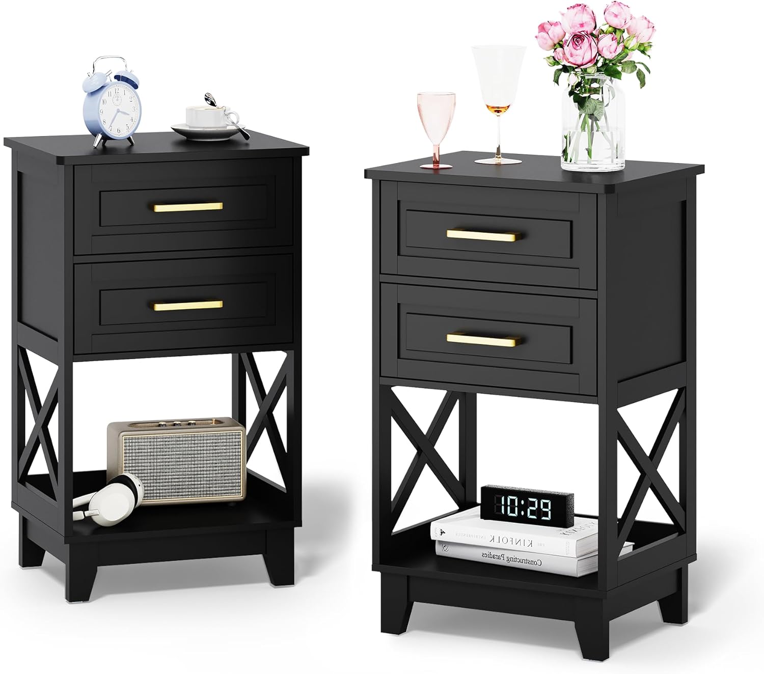 RoyalCraft 30'' Tall Nightstand Set of 2, Modern Painted Bedside Table with 2 Drawers and Open Shelf Below, Wood Side Table for Bedroom, Home Office, Black