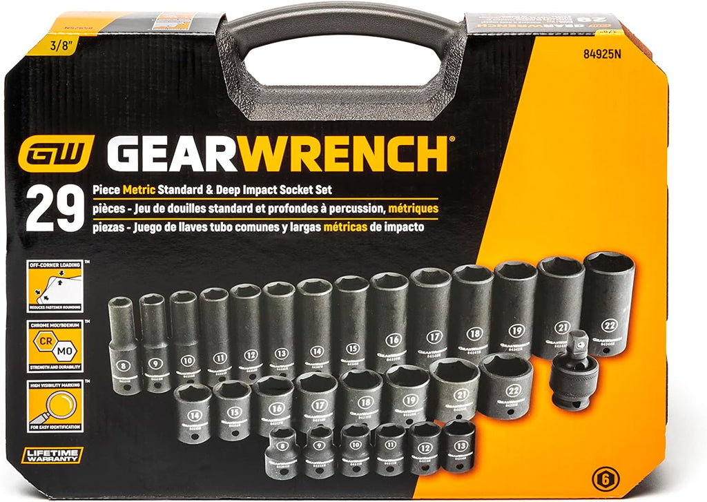 GEARWRENCH 29 Pc. 3/8" Drive 6 Pt. Impact Socket Set, Standard & Deep, Metric - 84925N