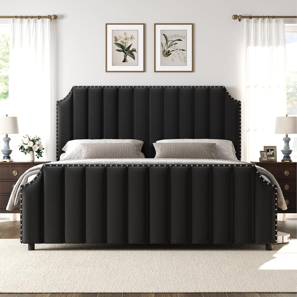GarveeHome King Size Platform Bed Frame with 50.2 in Headboard, Velvet Upholstered Bed Frame King with Vertical Channel Tufted Headboard & Footboard, Nailhead Trim, No Box Spring Needed, Black