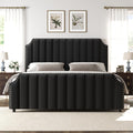 GarveeHome King Size Platform Bed Frame with 50.2 in Headboard, Velvet Upholstered Bed Frame King with Vertical Channel Tufted Headboard & Footboard, Nailhead Trim, No Box Spring Needed, Black