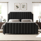 GarveeHome Queen Size Platform Bed Frame with 50.2 in Tall Headboard, Velvet Upholstered Bed Frame Queen with Vertical Channel Tufted Headboard & Footboard, Nailhead Trim, No Box Spring Needed, Black