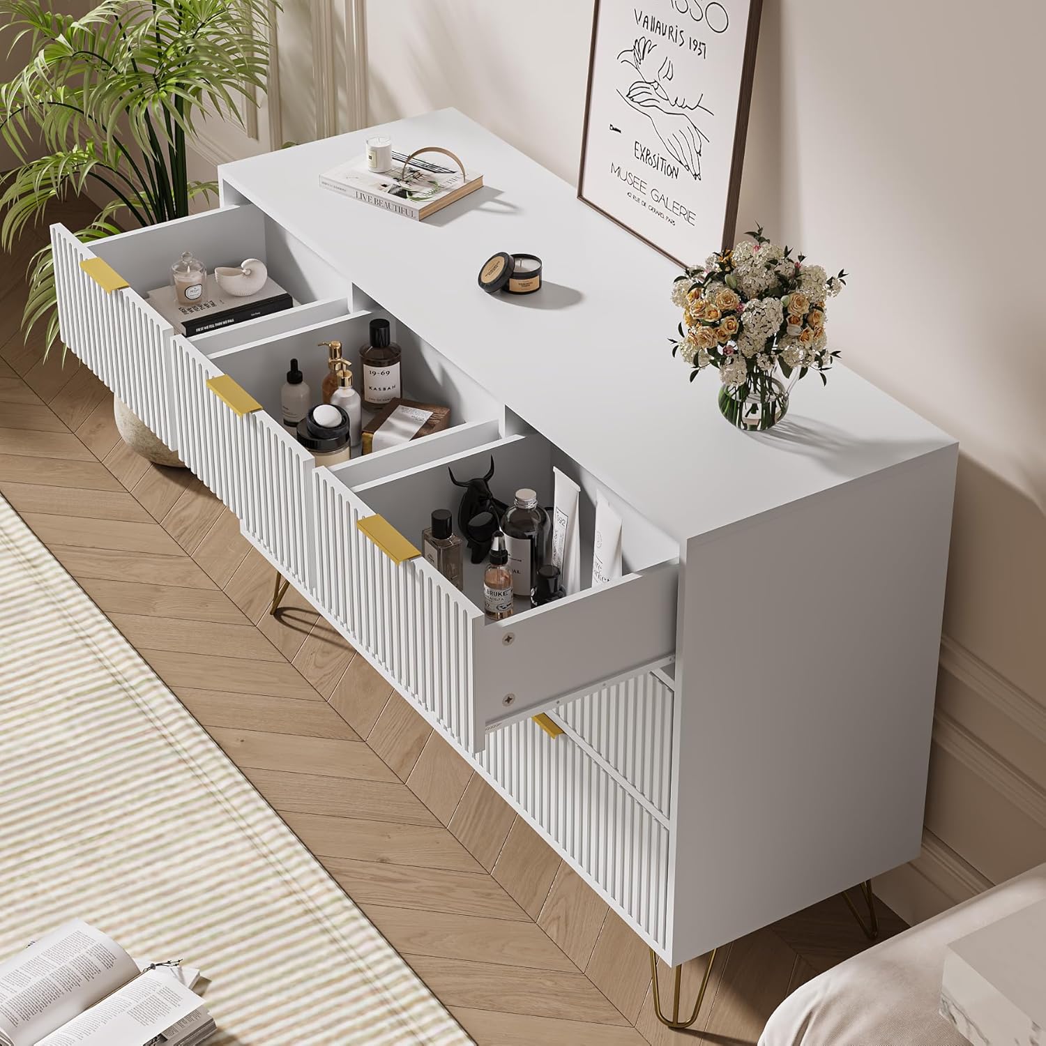 White Dresser for Bedroom, 7 Drawer Dresser with Gold Pulls, Wide Chest of Drawers for Bedroom, Entryway, 47.2" L x 15.7" D x 31.4" H