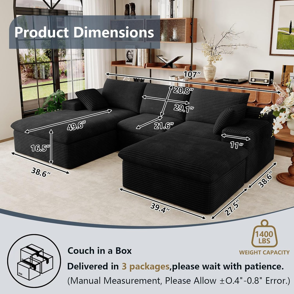 107" Cloud Couch Modular Sectional Sofa for Living Room, U-Shape Boneless Couch with Deep Seat, Modern Upholstered Corduroy 3-Seater with Ottoman, No Assembly Required (Black,Left-Facing Chaise)