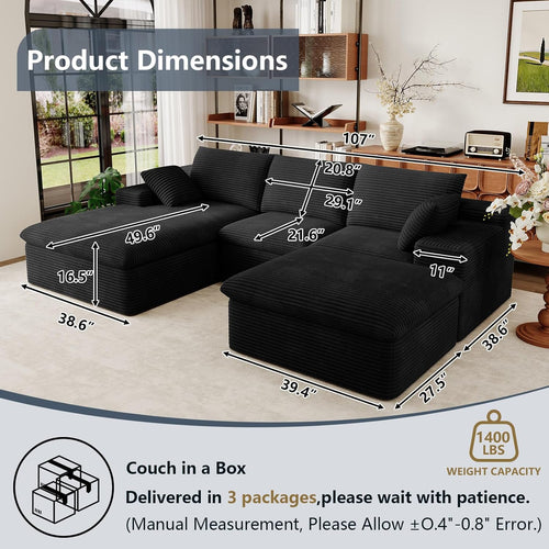 107" Cloud Couch Modular Sectional Sofa for Living Room, U-Shape Boneless Couch with Deep Seat, Modern Upholstered Corduroy 3-Seater with Ottoman, No Assembly Required (Black,Left-Facing Chaise)