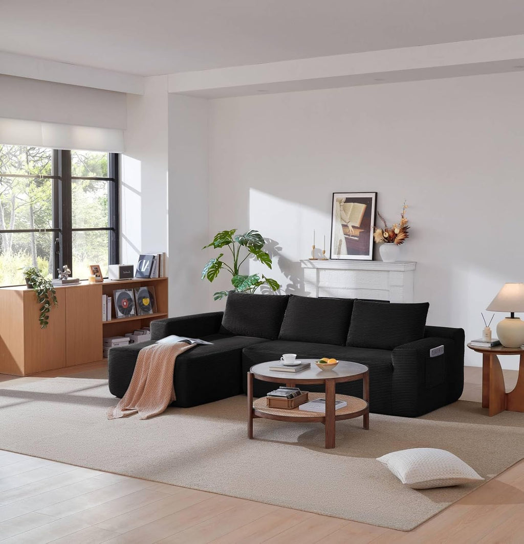 Cloud Couch Sectional, Modular L Shaped Boneless Sofa, Modern Corduroy Sectional Couch Comfy Deep Seat Cloud Sofa for Living Room, Bedroom, No Assembly (Black, Left Facing Chaise)