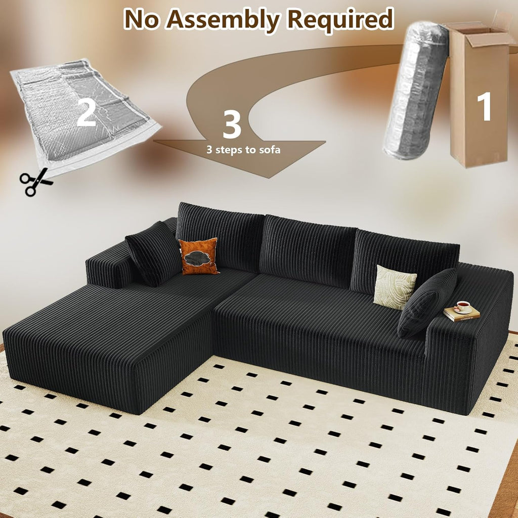 96" Modular Sectional Couch, Boneless L Shaped Cloud Sofa with Chaise Lounge, Corduroy Upholstered Couches Memory Foam Deep Seat, No Assembly Required, Ideal for Living Room(Black, Left Facing)