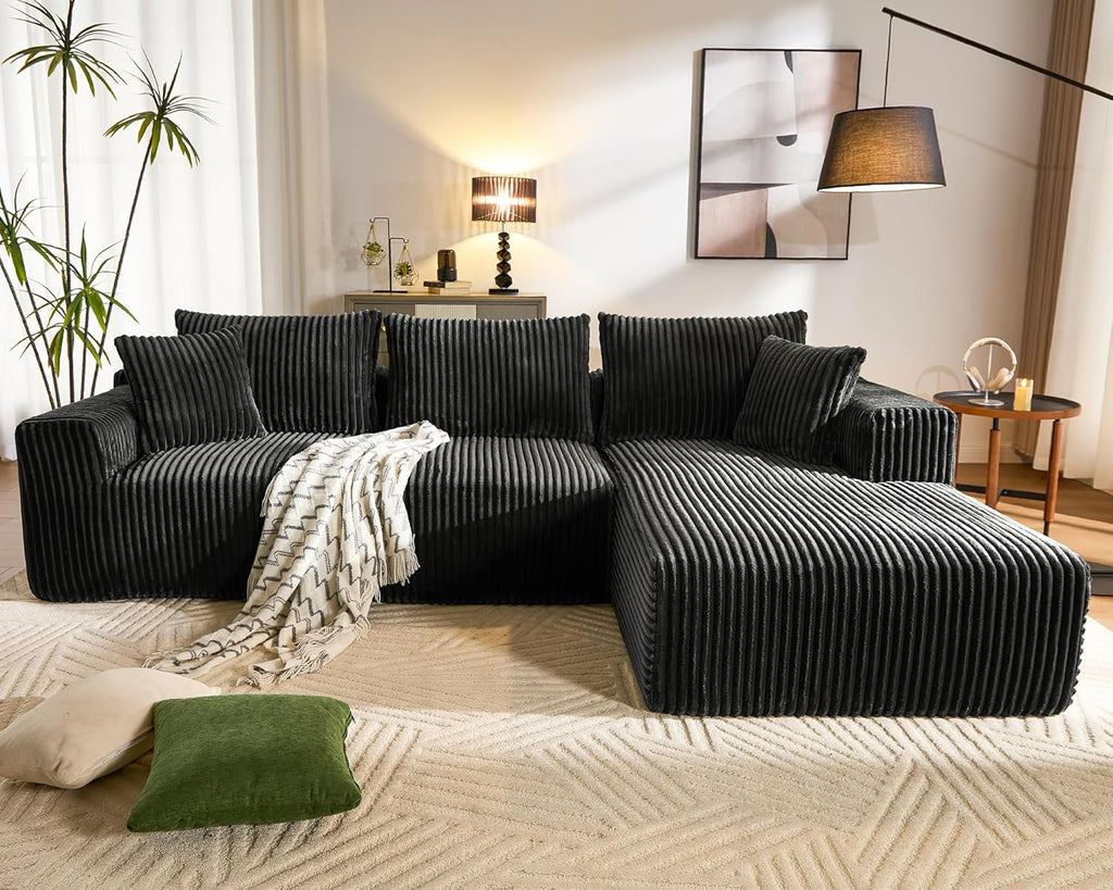 WorthFurni Cloud Modular Sofa Couch with L-Shape Chaise,Modern Sectional with Deep Seat, Upholstered Couches for Living Room Bedroom,No Assembly Required, Plush Corduroy Fabric 110.4"(Black)