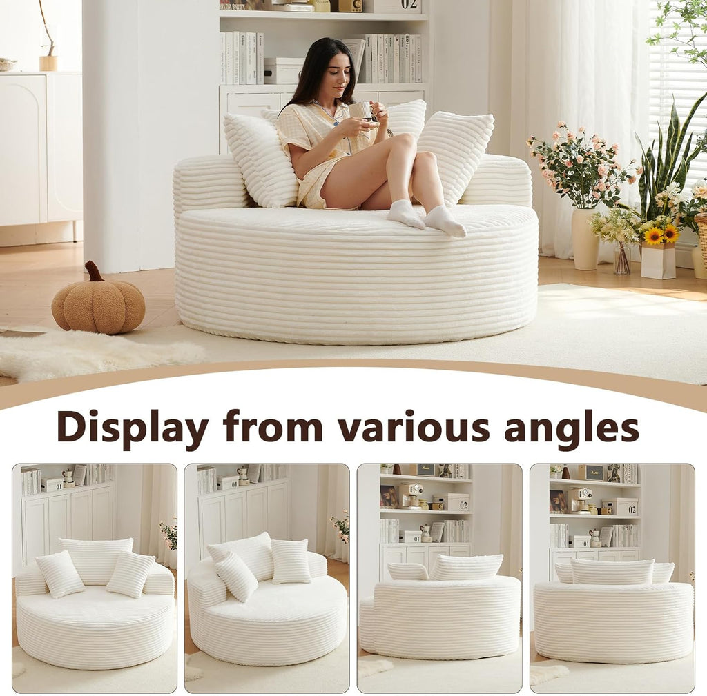 55'' Oversized Round Chair Lounge Chaise Indoor, Cloud Boneless Large Circle Chair with Plush Corduroy, No Assembly Required, Fluffy Modern Sleeper Sofa Bed for Reading, Living Room, Bedroom(White)