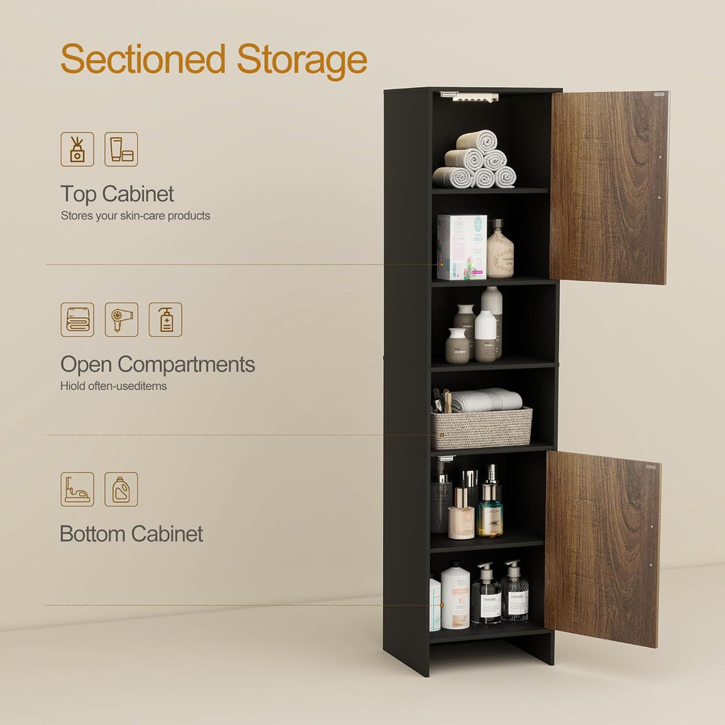 Tall Storage Cabinet, 13.15 Inch Narrow Bathroom Cabinet with USB Magnetic Light, Open Shelf, Magnetic Doors, 2 Adjustable Shelves, Anti-Tip Kit for Small Spaces, Living Room, Black, 57.1" H