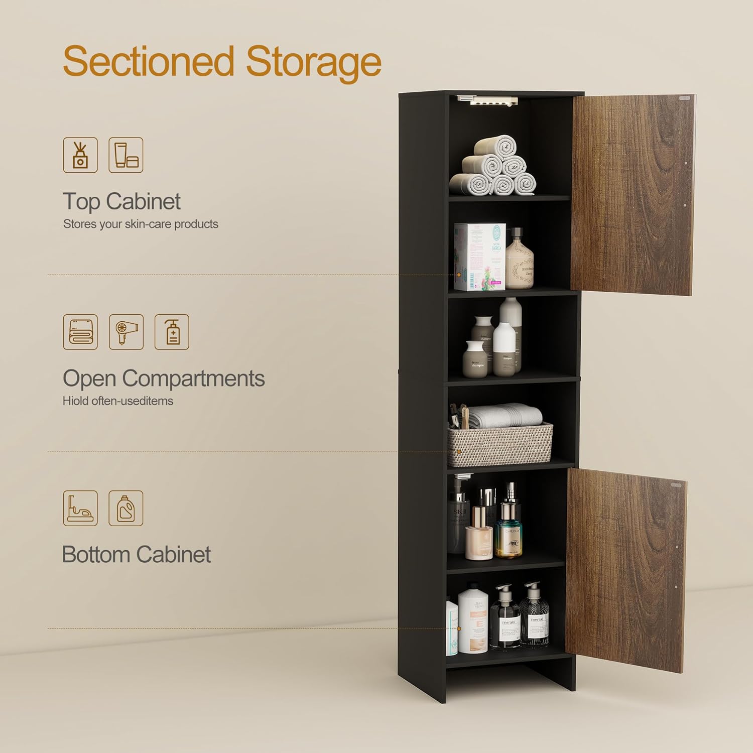 Tall Storage Cabinet, 13.15 Inch Narrow Bathroom Cabinet with USB Magnetic Light, Open Shelf, Magnetic Doors, 2 Adjustable Shelves, Anti-Tip Kit for Small Spaces, Living Room, Black, 57.1" H