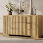 Fluted 6 Drawer Dresser for Bedroom, 54" Wide Chest of Drawers with Metal Handle, Modern Storage Dressers Organizer for Living Room, Hallway, Natural Oak