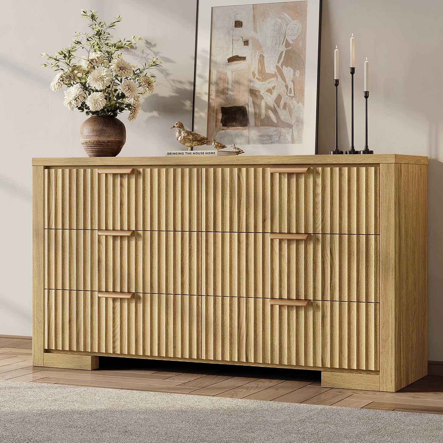 Fluted 6 Drawer Dresser for Bedroom, 54" Wide Chest of Drawers with Metal Handle, Modern Storage Dressers Organizer for Living Room, Hallway, Natural Oak