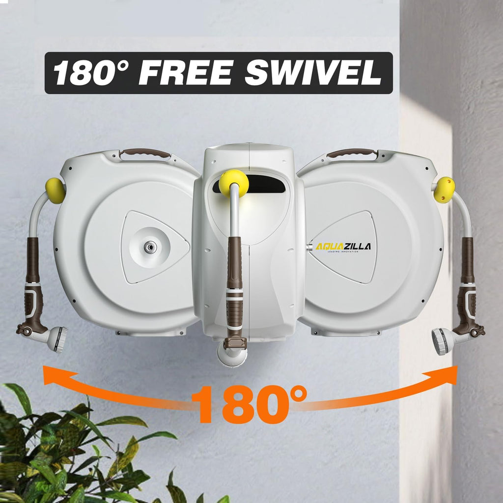 Retractable Garden Hose Reel  5/8 in 100+6 ft  Heavy Duty Wall Mounted Water Hose Reel  Spring Power Automatic Rewind  Any Length Lock  180° Swivel Bracket  10 Pattern Spray Nozzle