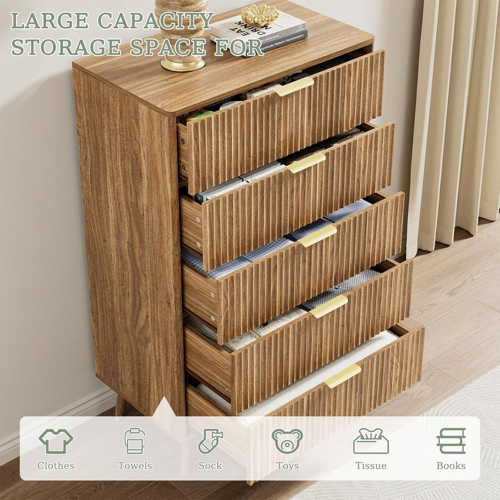 LYNSOM Fluted 5 Drawers Dresser, 45" Tall Modern Chest of Drawers with Curved Profile Design and Metal Handle, Wood Drawer Organizer for Bedroom, Living Room, Hallway, Entryway, Walnut