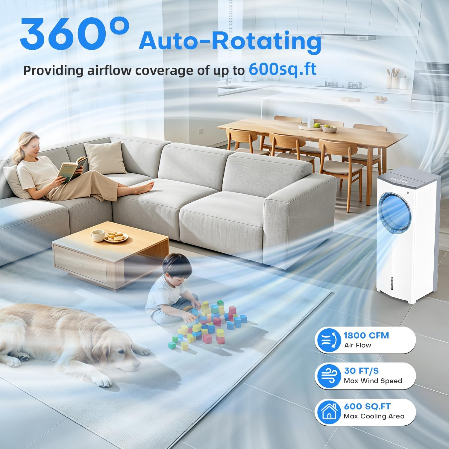 Windowless Portable Air Conditioner, 30" Evaporative Air Cooler w/Dual Tanks for 24H Cooling, 4 Modes & 3 Speeds, 28FT Remote&Timer, 360° Rotation Swamp Cooler Air Conditioner for Bedroom