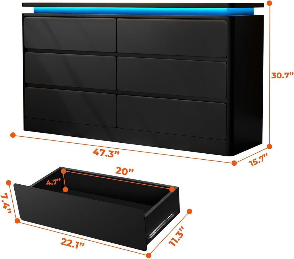Loomie Upgraded 6 Drawer Black Dresser for Bedroom, 47.2" Long Chest of Drawers with Charging Station & LED Lights, Wooden Storage Cabinet Dresser for Closet,Modern TV Stand with Deep Drawers
