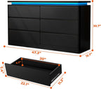 Loomie Upgraded 6 Drawer Black Dresser for Bedroom, 47.2" Long Chest of Drawers with Charging Station & LED Lights, Wooden Storage Cabinet Dresser for Closet,Modern TV Stand with Deep Drawers