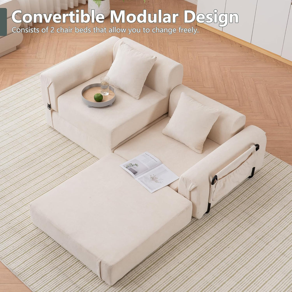 GNIXUU 71.3" Convertible Sleeper Sofa Bed, Modern Convertible Boneless Couch with Foldable/Pull Out Bed, Compressed Modular Futon Couch with Pillows & Storage Pocket for Living Room Bedroom, Beige