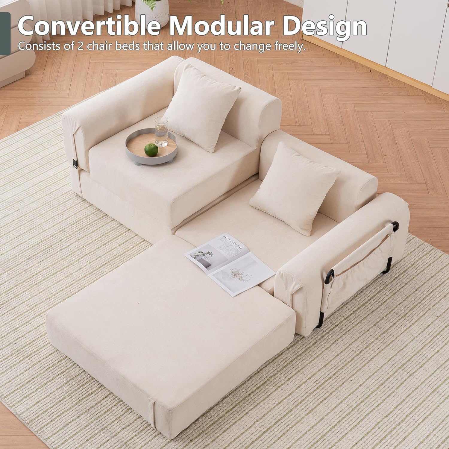 GNIXUU 71.3" Convertible Sleeper Sofa Bed, Modern Convertible Boneless Couch with Foldable/Pull Out Bed, Compressed Modular Futon Couch with Pillows & Storage Pocket for Living Room Bedroom, Beige