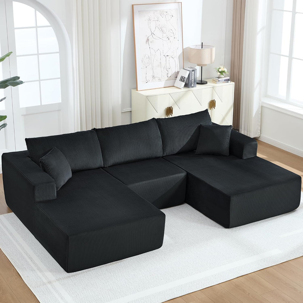 Modular Sectional Sofa,114" U-Shaped Boneless Sofa for Living Room,Oversized 3-Seater Deep Seat Cloud Couches,Corduroy Upholstered Corner Sofa Couch,No Assembly Required,Black