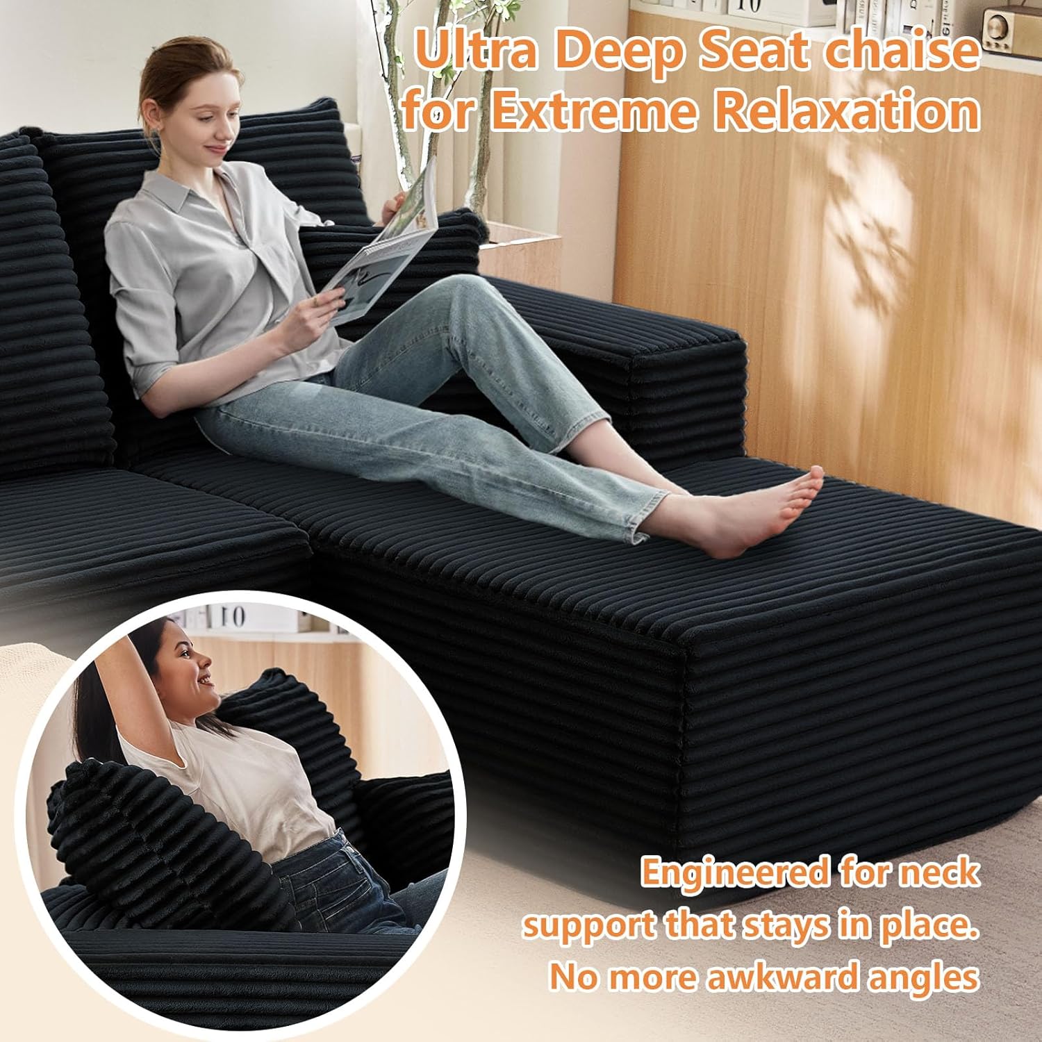 96" Modular Sectional Sofa, Modern Corduroy Cloud Couch with Deep Seat, Boneless Couch Upholstered 3-Seater L-Shaped Sofa for Living Room, No Assembly Required (Black, Right-Facing Chaise)