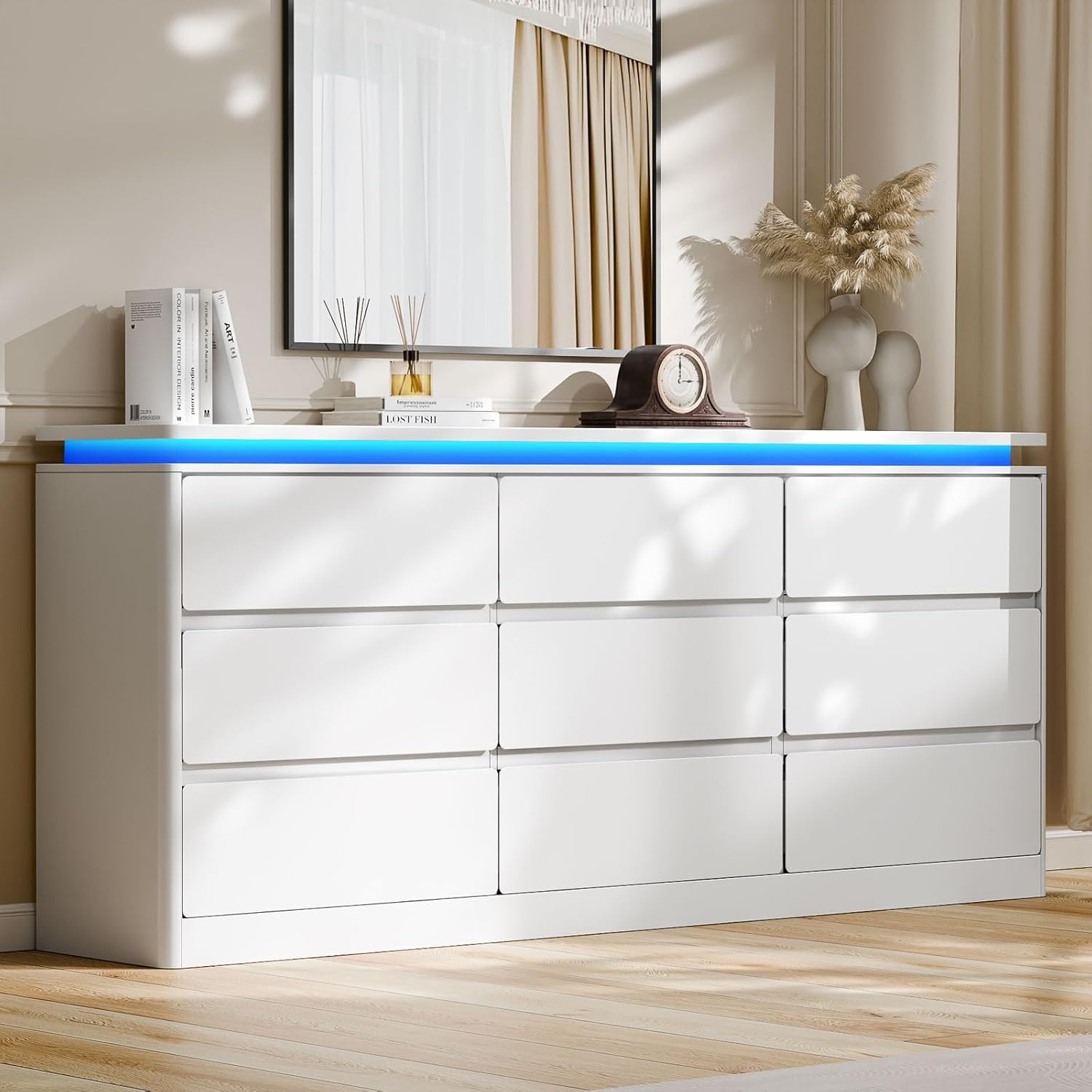 9 Drawer Dresser for Bedroom, 63" Long White Chest of Drawers with Charging Station & LED Lights, Curved Profile Design,Wooden Closet Storage Cabinet,Modern Dresser TV Stand with Deep Drawers